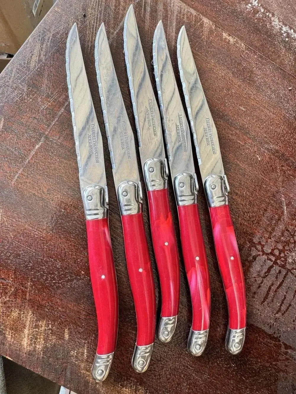 Laguiole Production Acier Inox Red Steak Knife Set of 5 Stainless France Style